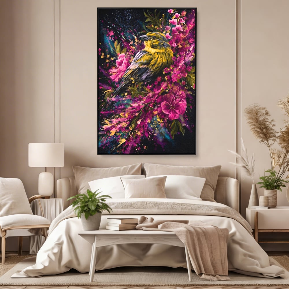 Tablou canvas cu tablou canvas cu pasare printre flori, in rama de aluminiu negru, pe perete intr-un dormitor